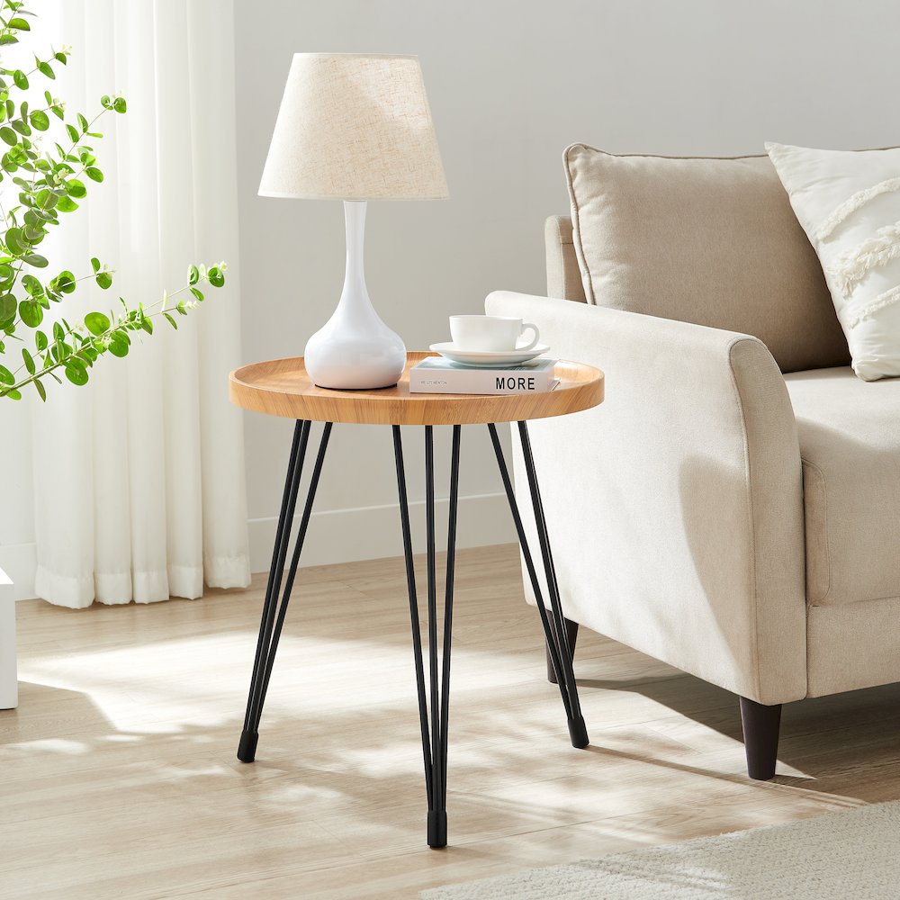 Tadao Raised Lip Edge Side Table with Black Metal Hairpin Legs - Round - Bamboo. Picture 3