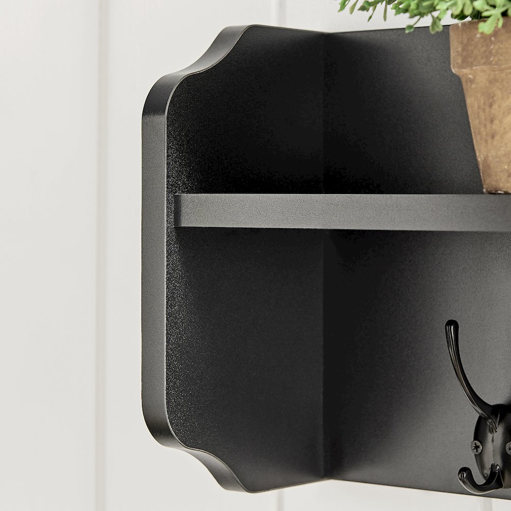 Entryway Floating Utility Wall Shelf with Hooks – Wall Mounted - Black. Picture 8