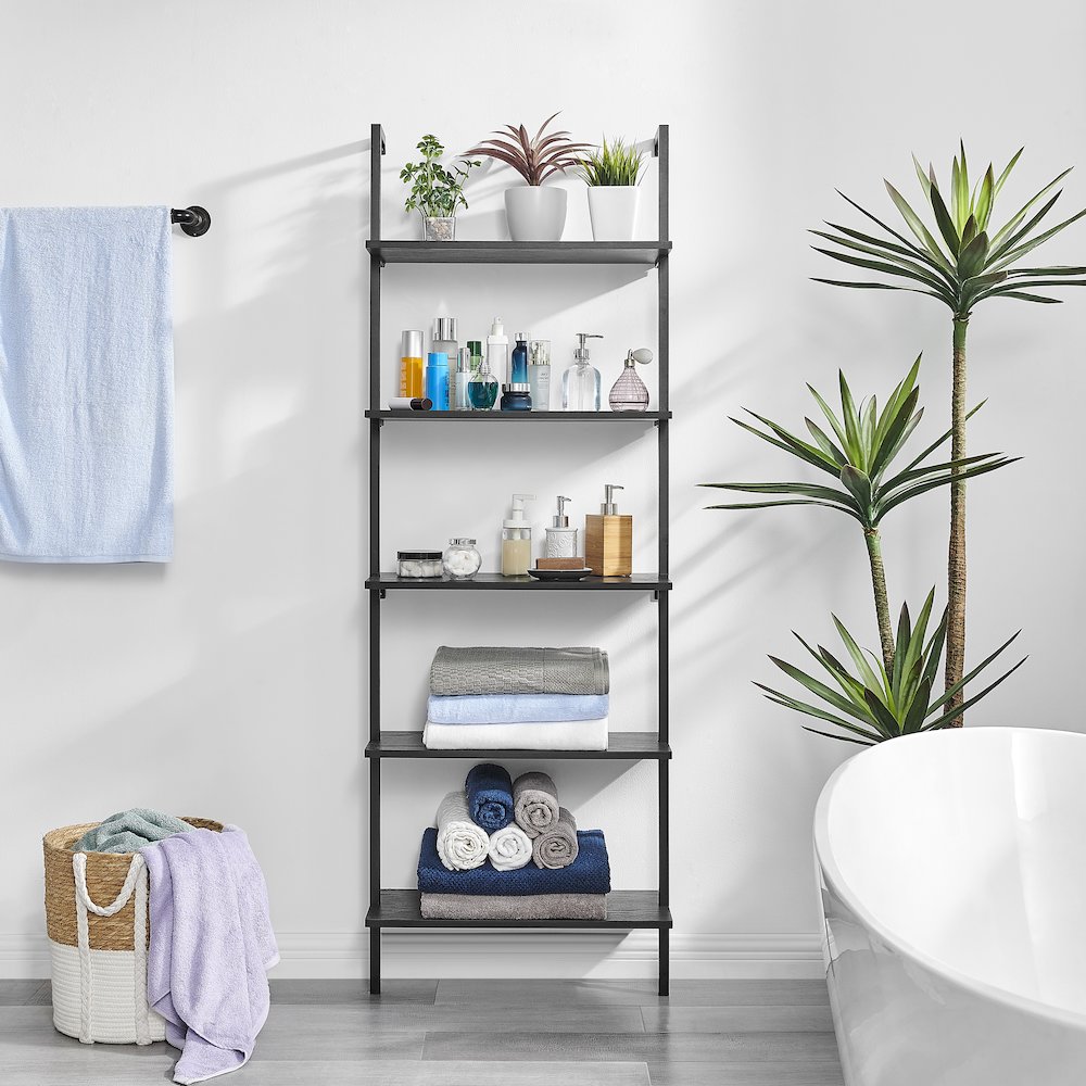 Everett 5-Tier Open Display Wall Mount Metal Frame Ladder Shelf - Black/Black. Picture 4