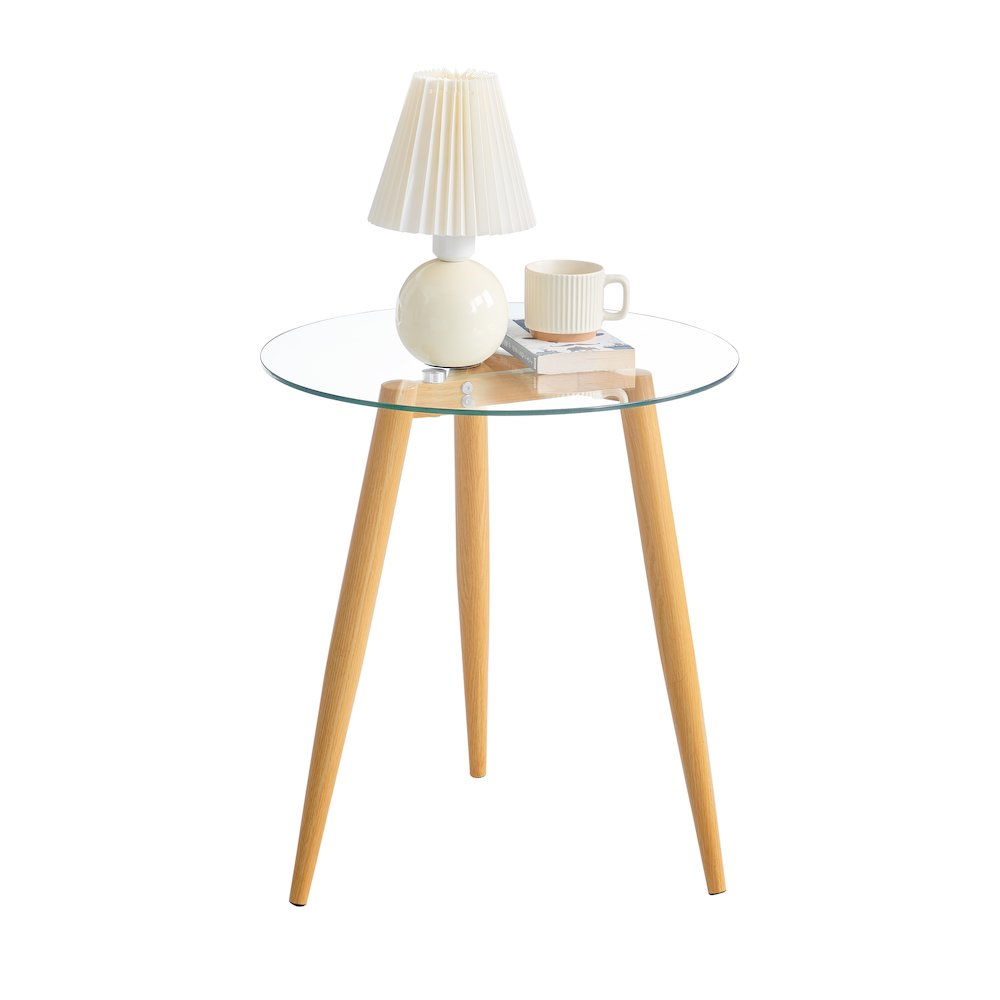 Van Beuren Side Table Modern Metal Taper Legs and Clear Glass Tabletop - Beech. Picture 11