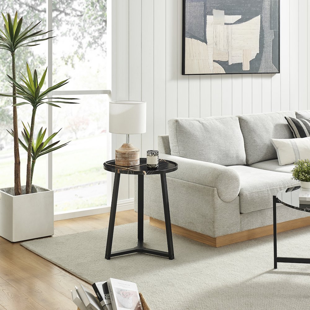 Harper Midcentury Round Raised Lip Edge Side Accent Table - Black Marble/Black. Picture 9