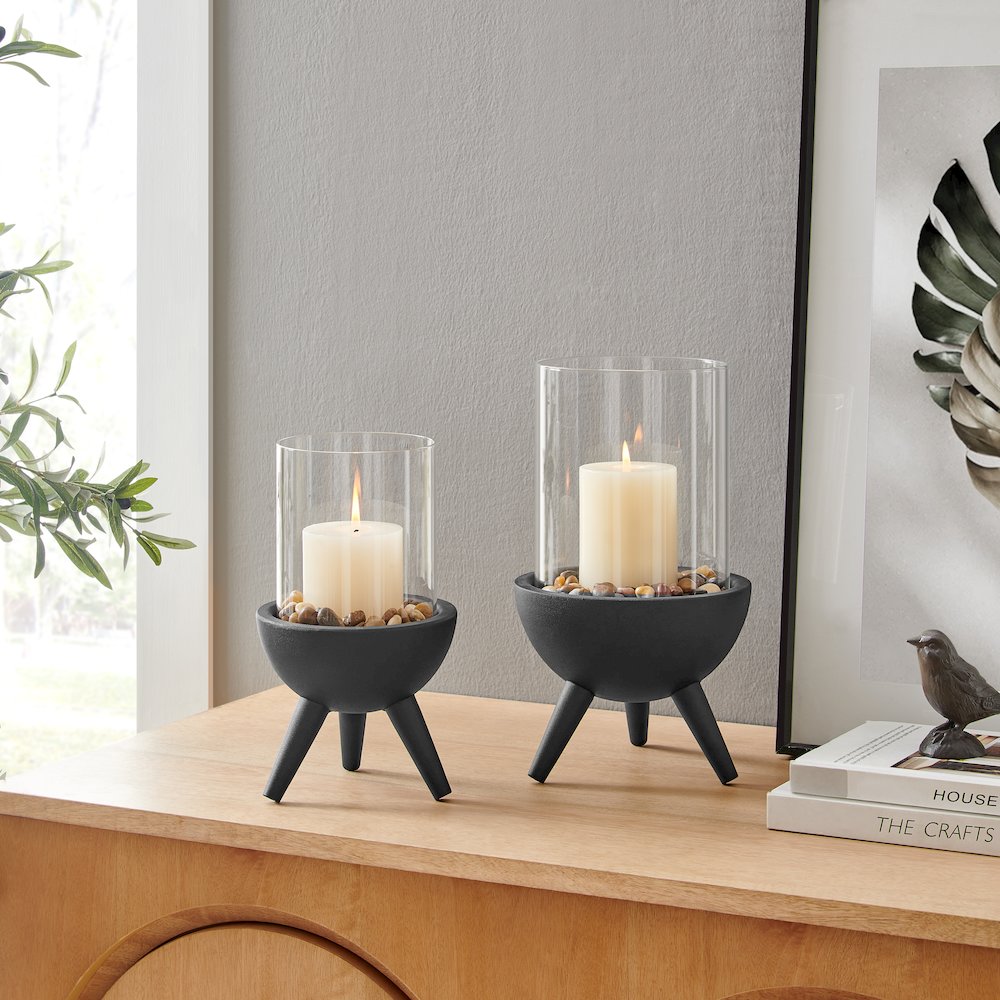 Molta Modern Black Metal Bold Pedestal Glass Pillar Votive Candle Holder - Small. Picture 10