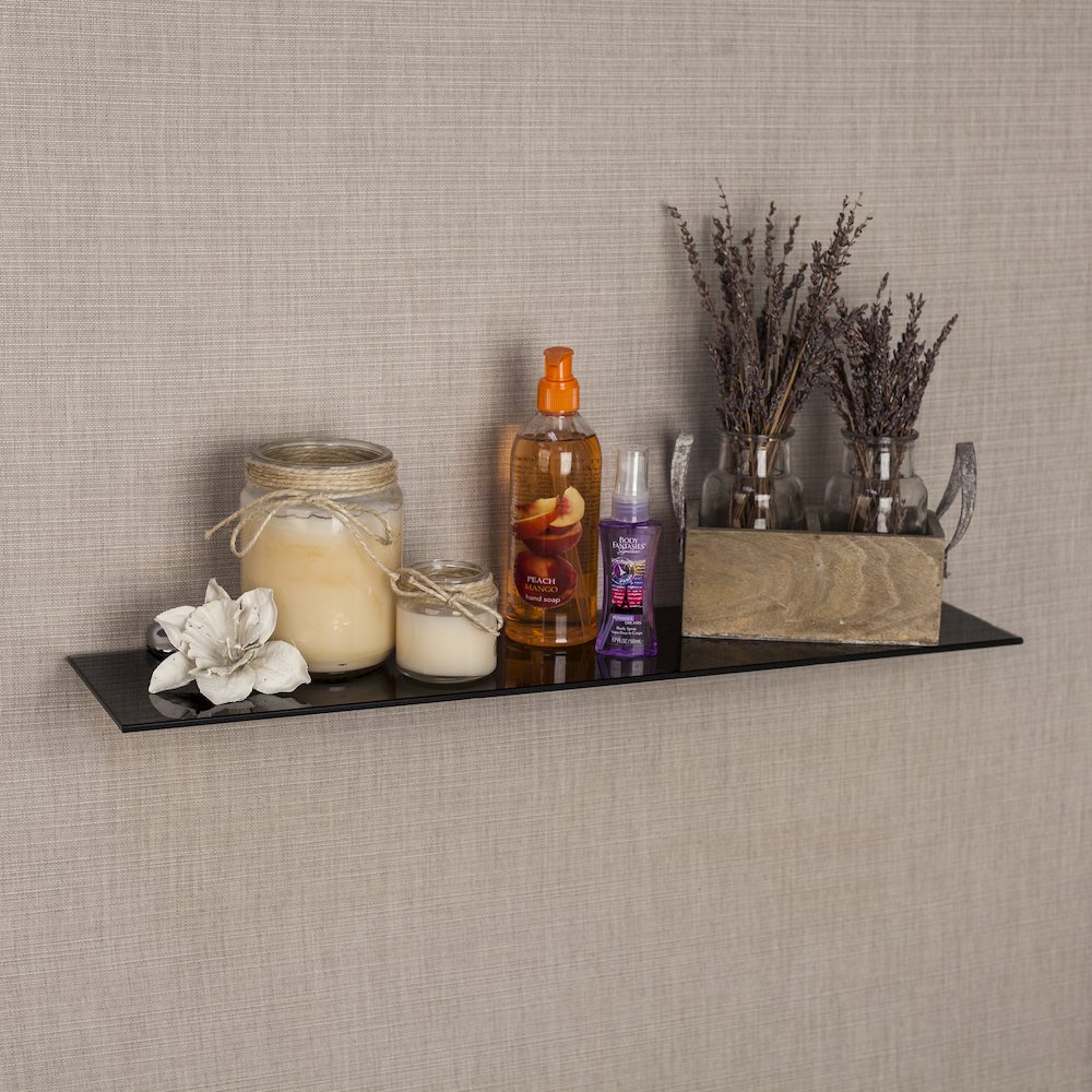 Black Smoke Glass Floating Shelf with Chrome Brackets 24 x 6". Picture 2