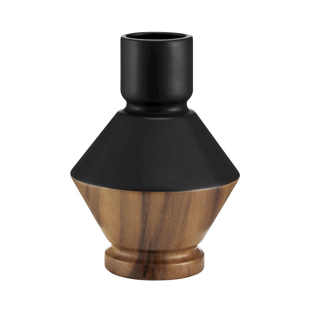 Milo Diamant Reverse Hourglass Modern Two Tone Tabletop Vase - Black and Walnut. Picture 1