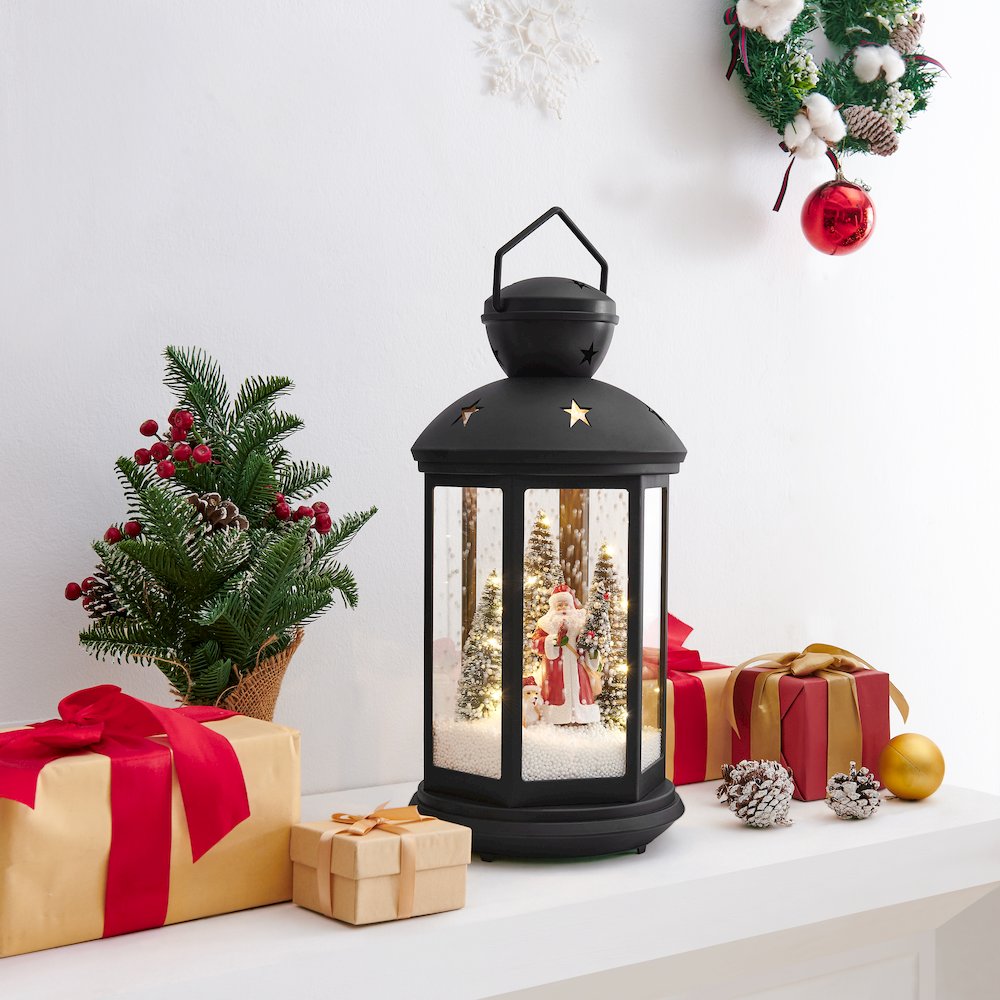 Christmas Scene Falling Snow Musical Snow Globe Lantern - Black. Picture 5