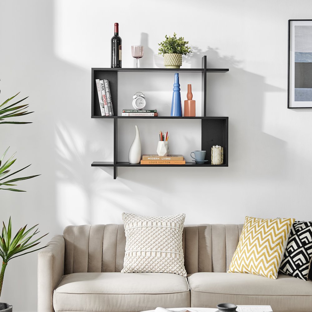 Manasa Floating Geometric Kilter Two-Tier Wall Shelf - Black. Picture 2