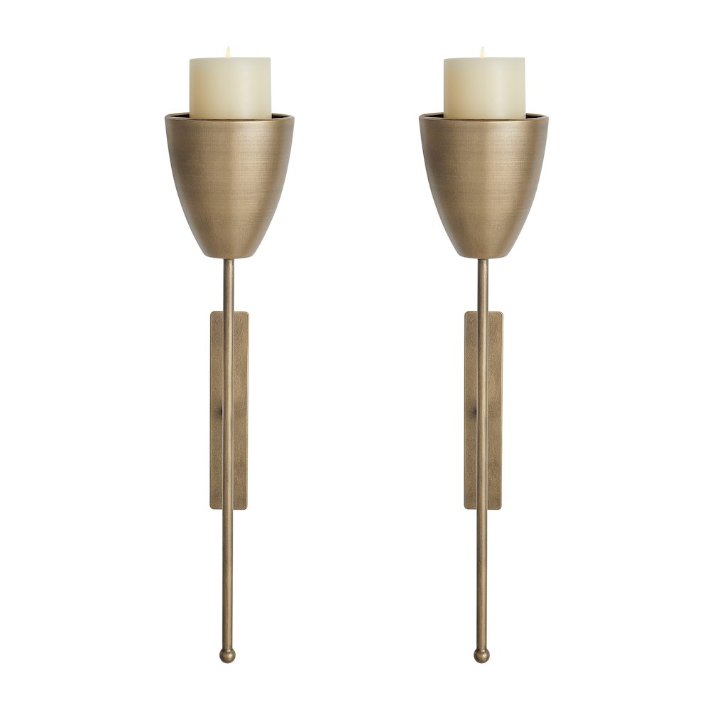 Antique Brass Metal Wall Mount Vertical Pillar Candle Sconces Set of 2. Picture 9