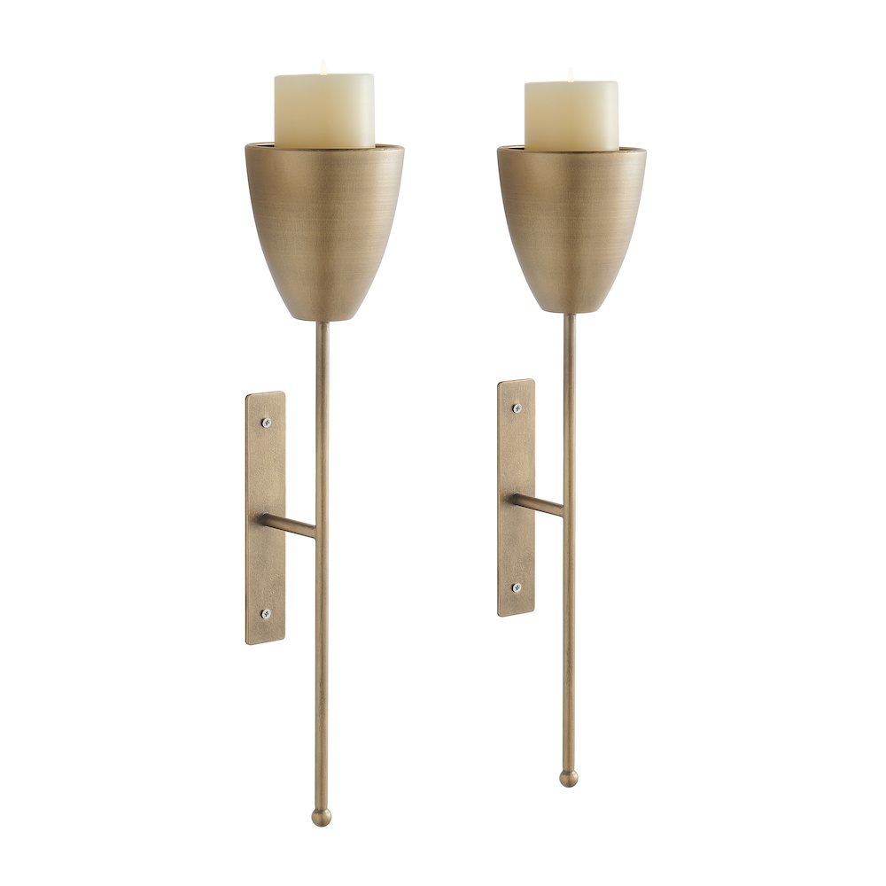Antique Brass Metal Wall Mount Vertical Pillar Candle Sconces Set of 2. Picture 10