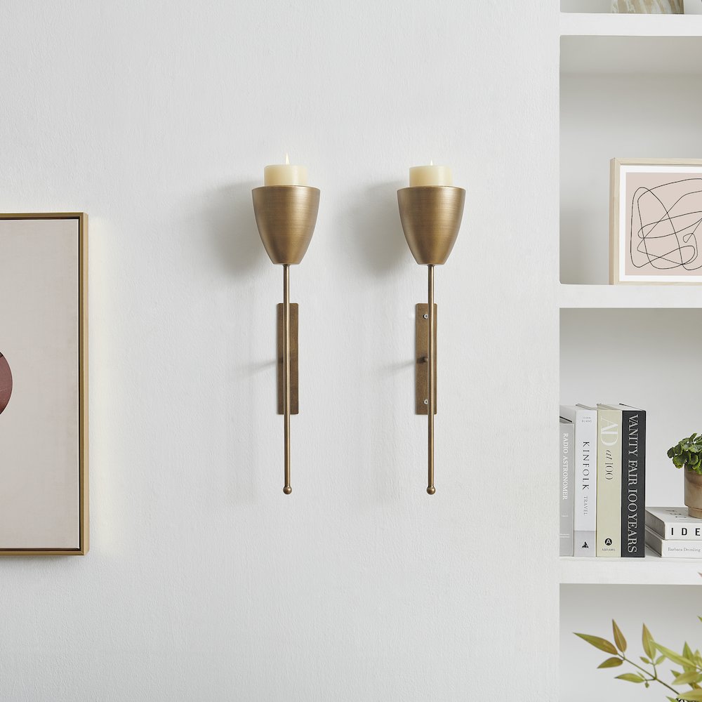 Antique Brass Metal Wall Mount Vertical Pillar Candle Sconces Set of 2. Picture 8