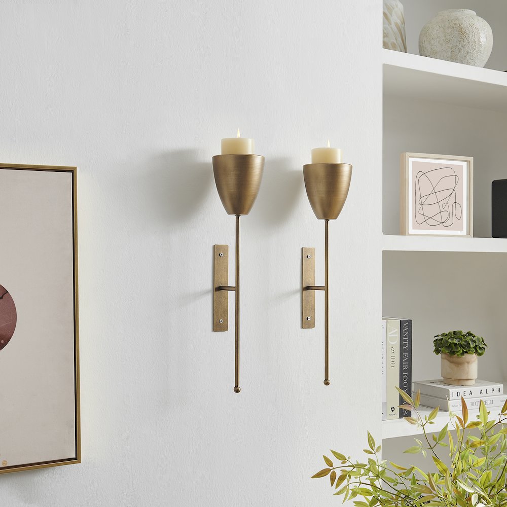 Antique Brass Metal Wall Mount Vertical Pillar Candle Sconces Set of 2. Picture 2