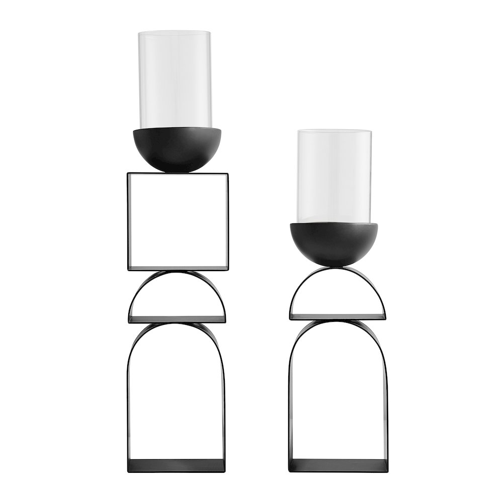 Black Modern Geometric Pedestal Tabletop Hurricane Candle Holders Set of 2. Picture 1