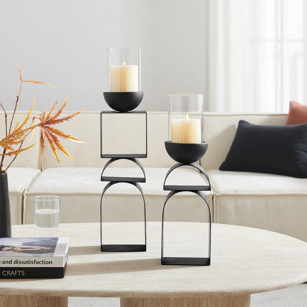 Black Modern Geometric Pedestal Tabletop Hurricane Candle Holders Set of 2. Picture 2
