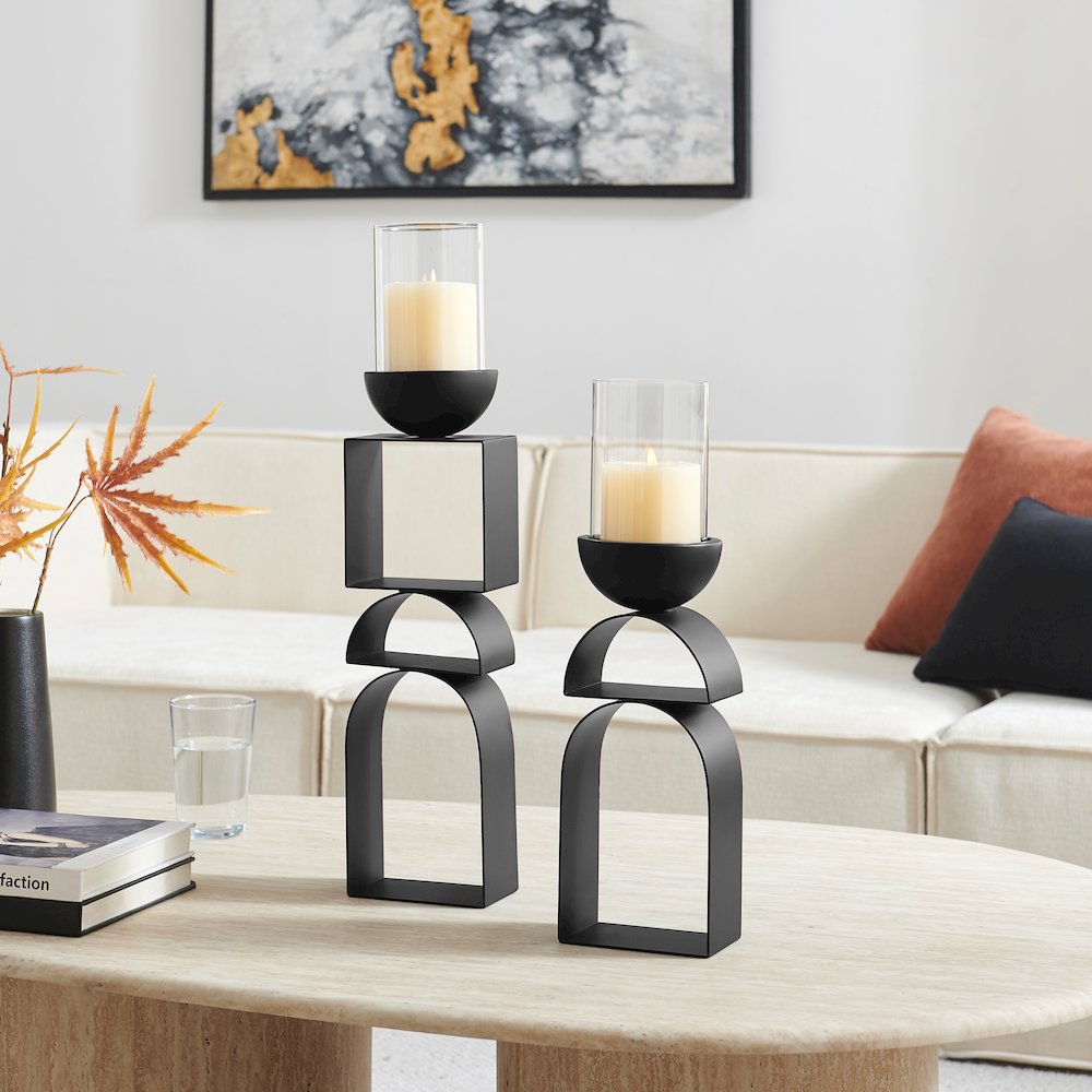 Black Modern Geometric Pedestal Tabletop Hurricane Candle Holders Set of 2. Picture 5