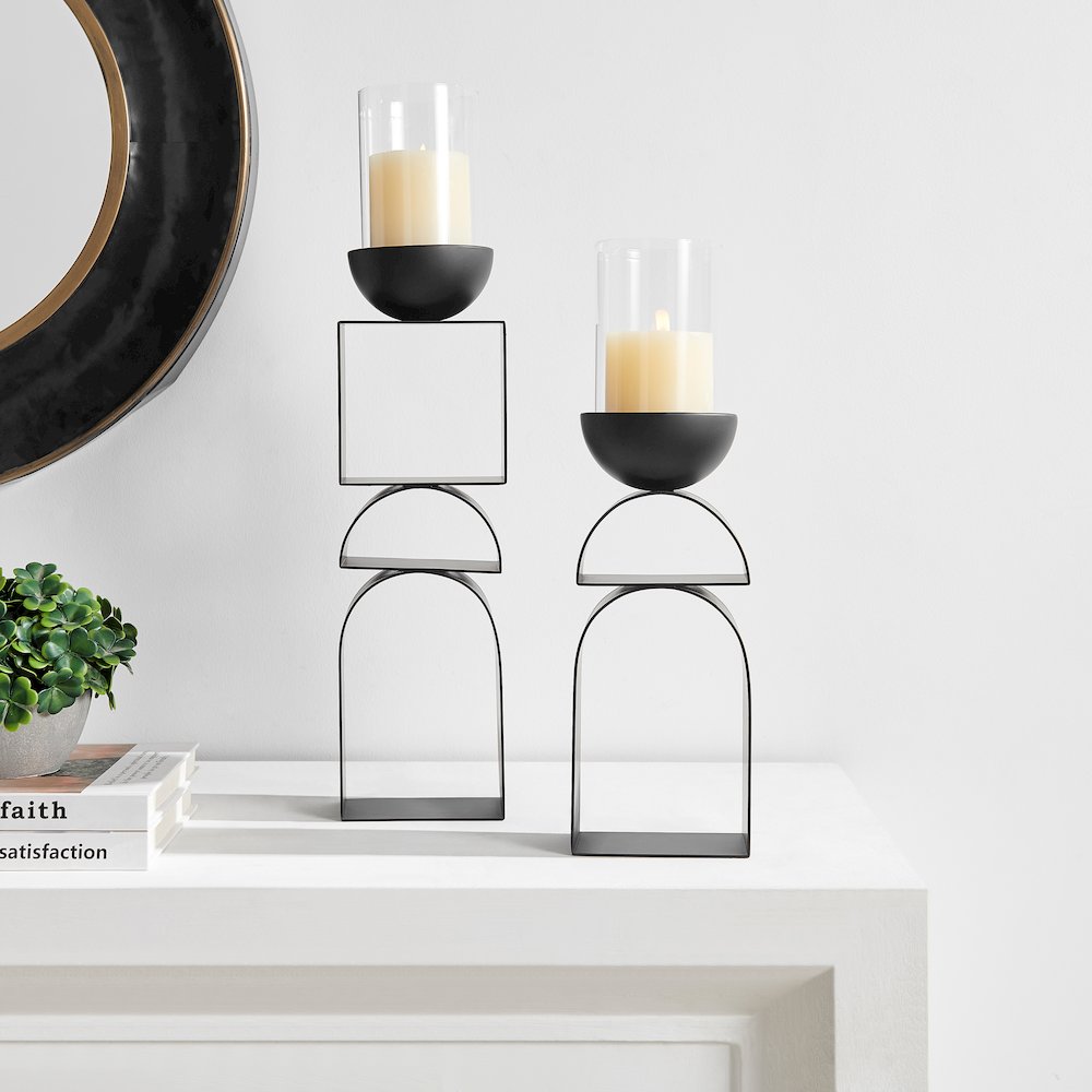 Black Modern Geometric Pedestal Tabletop Hurricane Candle Holders Set of 2. Picture 3