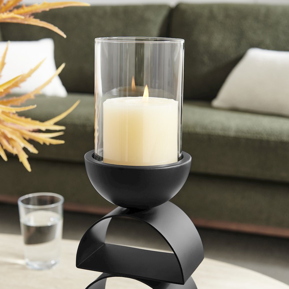 Black Modern Geometric Pedestal Tabletop Hurricane Candle Holders Set of 2. Picture 6