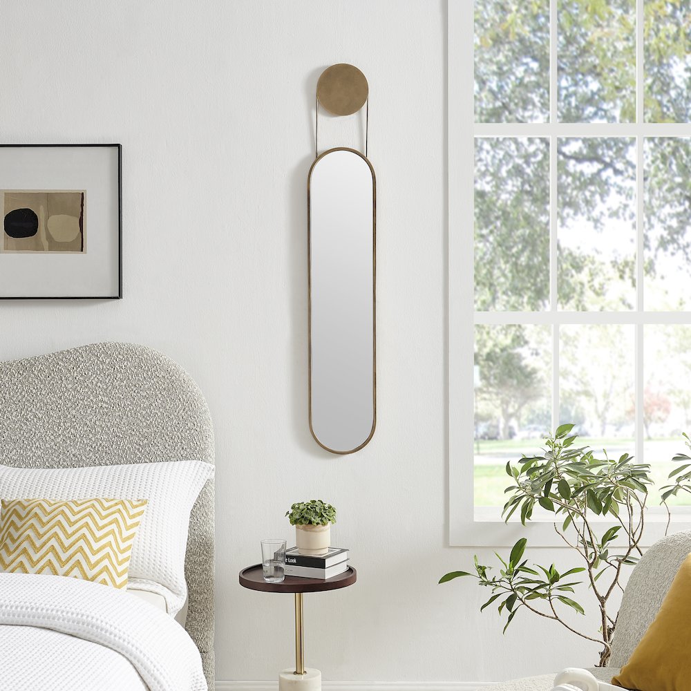 Mid-century Modern Antique Brass Oval Hanging Decorative Wall Mirror. Picture 2