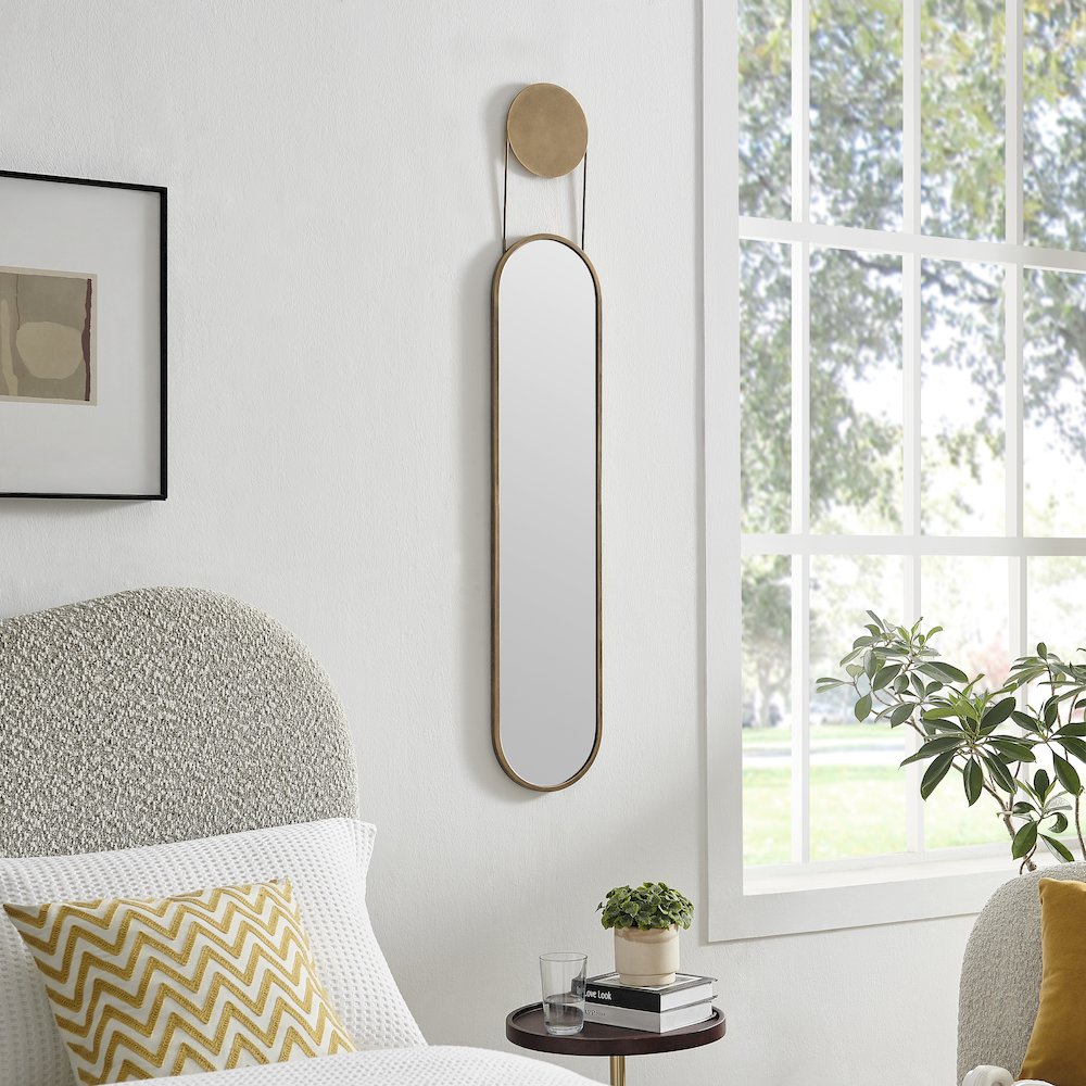 Mid-century Modern Antique Brass Oval Hanging Decorative Wall Mirror. Picture 3