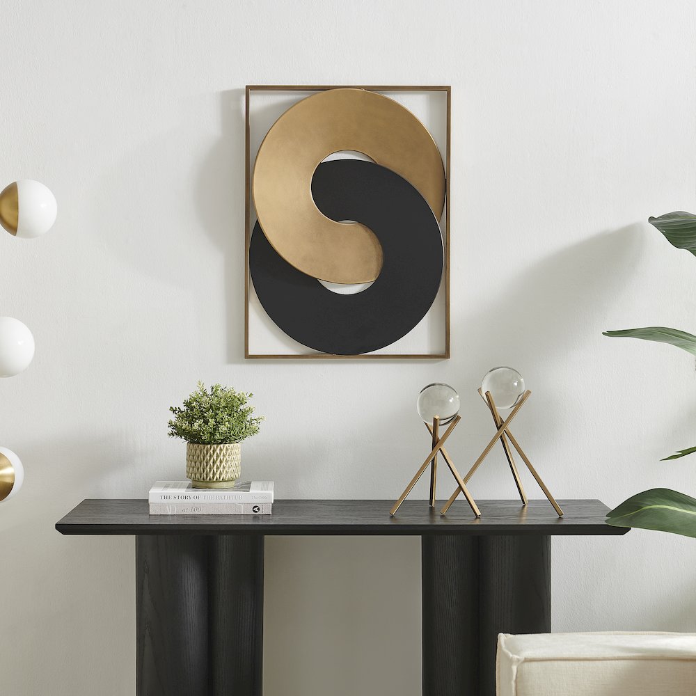 Gold and Black Intersecting Rings Mid-Century Modern Metal Wall Art. Picture 2