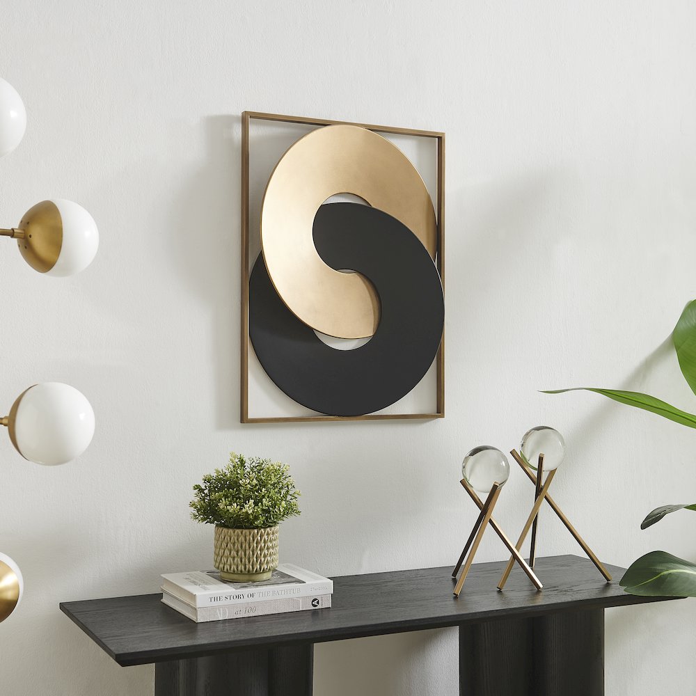 Gold and Black Intersecting Rings Mid-Century Modern Metal Wall Art. Picture 3