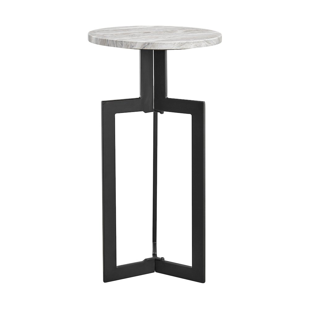 Black Metal Sculptural Pedestal & Faux Stone Tabletop Accent End Table. Picture 1
