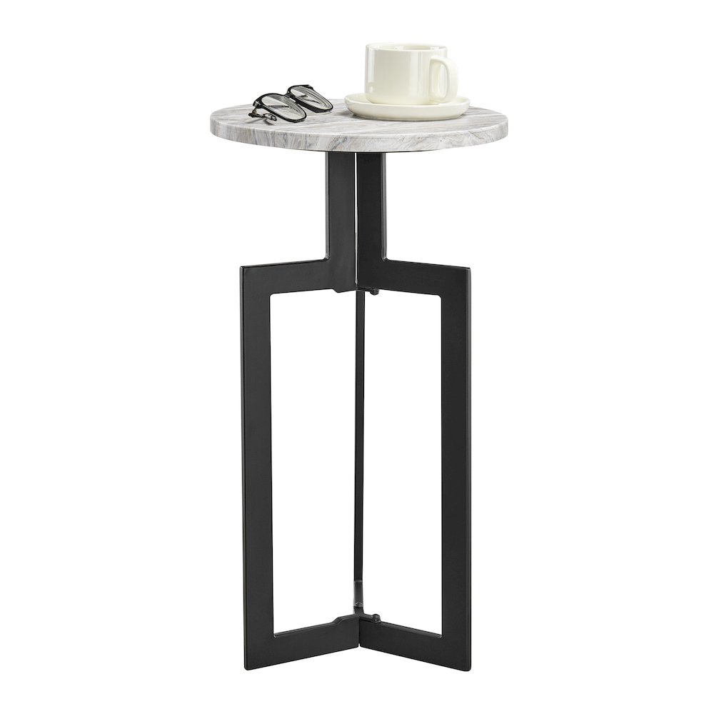Black Metal Sculptural Pedestal & Faux Stone Tabletop Accent End Table. Picture 8