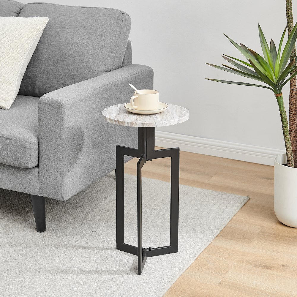 Black Metal Sculptural Pedestal & Faux Stone Tabletop Accent End Table. Picture 7