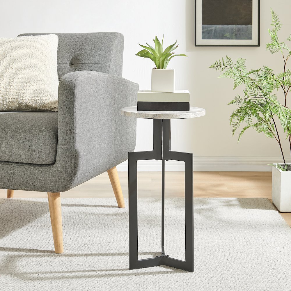 Black Metal Sculptural Pedestal & Faux Stone Tabletop Accent End Table. Picture 2