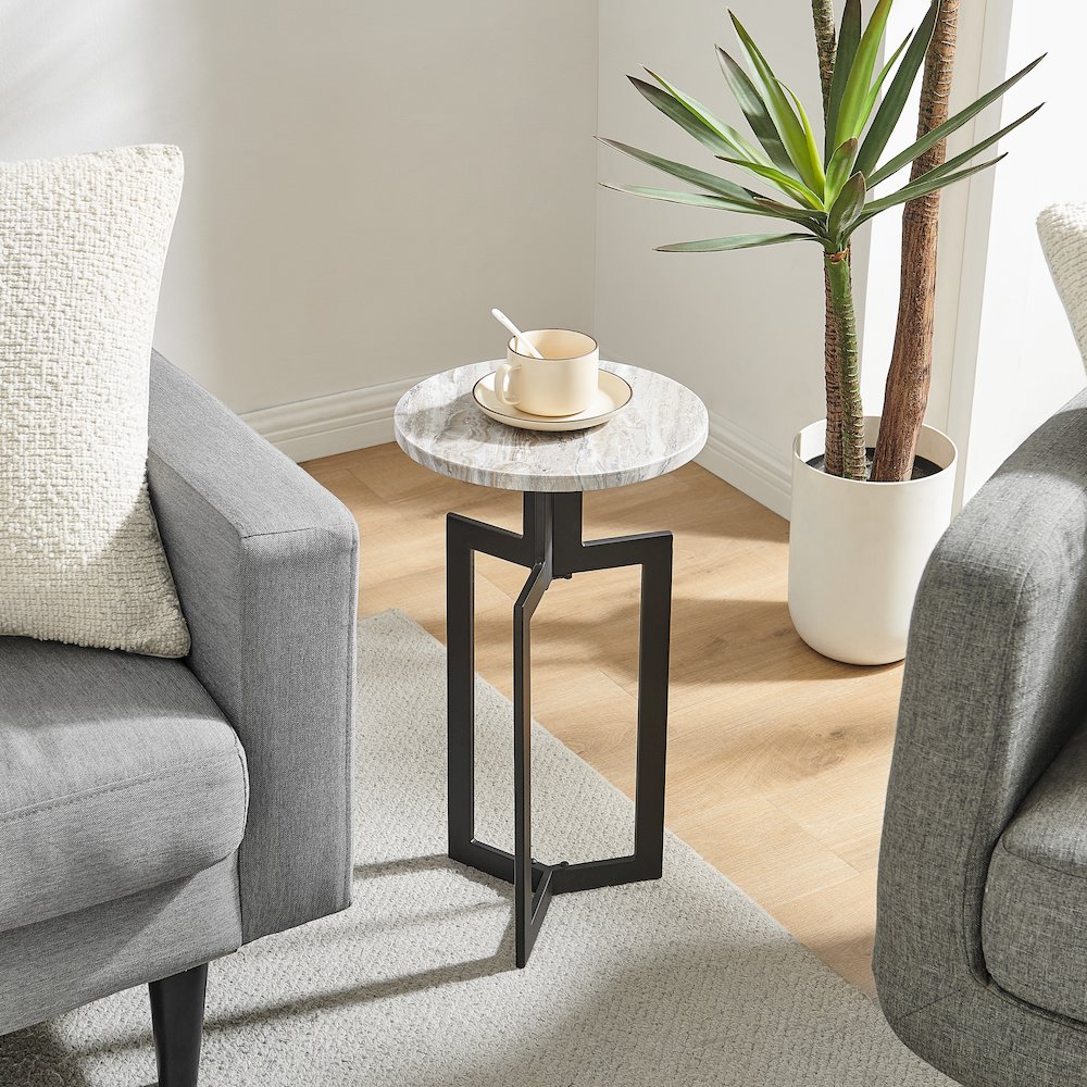 Black Metal Sculptural Pedestal & Faux Stone Tabletop Accent End Table. Picture 3