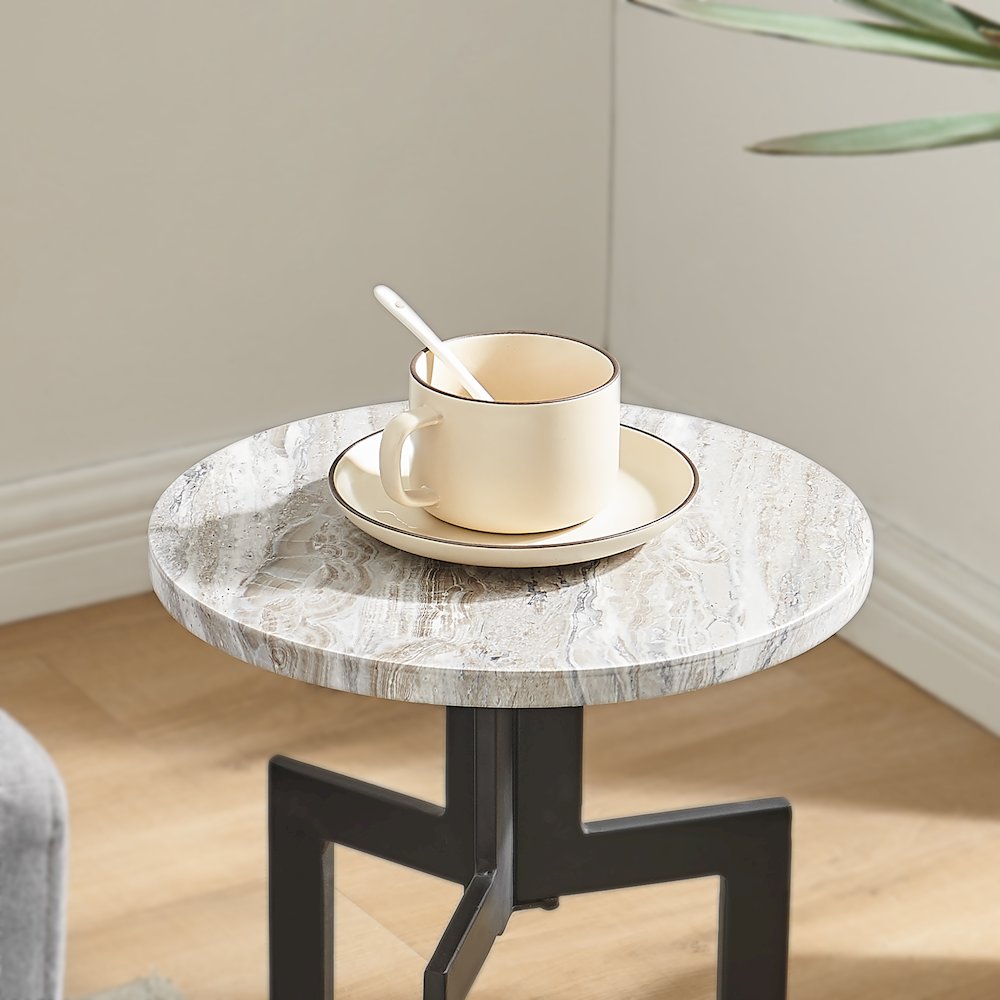 Black Metal Sculptural Pedestal & Faux Stone Tabletop Accent End Table. Picture 6