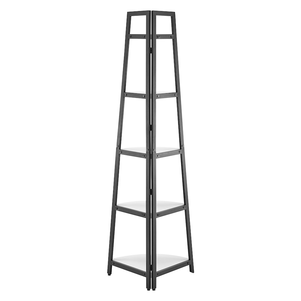 Free-Standing 5-Tier Pyramid Corner Shelf in Black Metal with White MDF Shelves. Picture 13