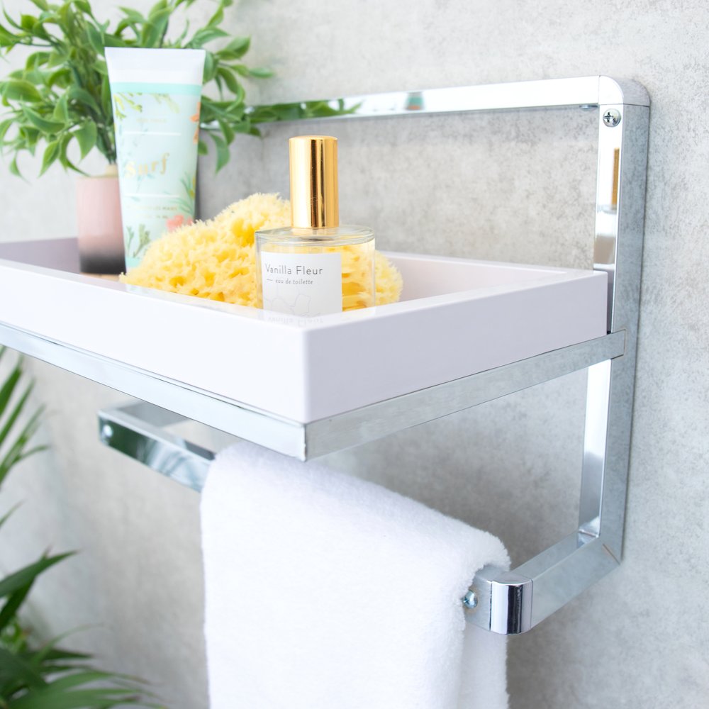 Bathroom Wall Mounted Chrome Towel Rack and Shelf with Removable White Tray. Picture 5
