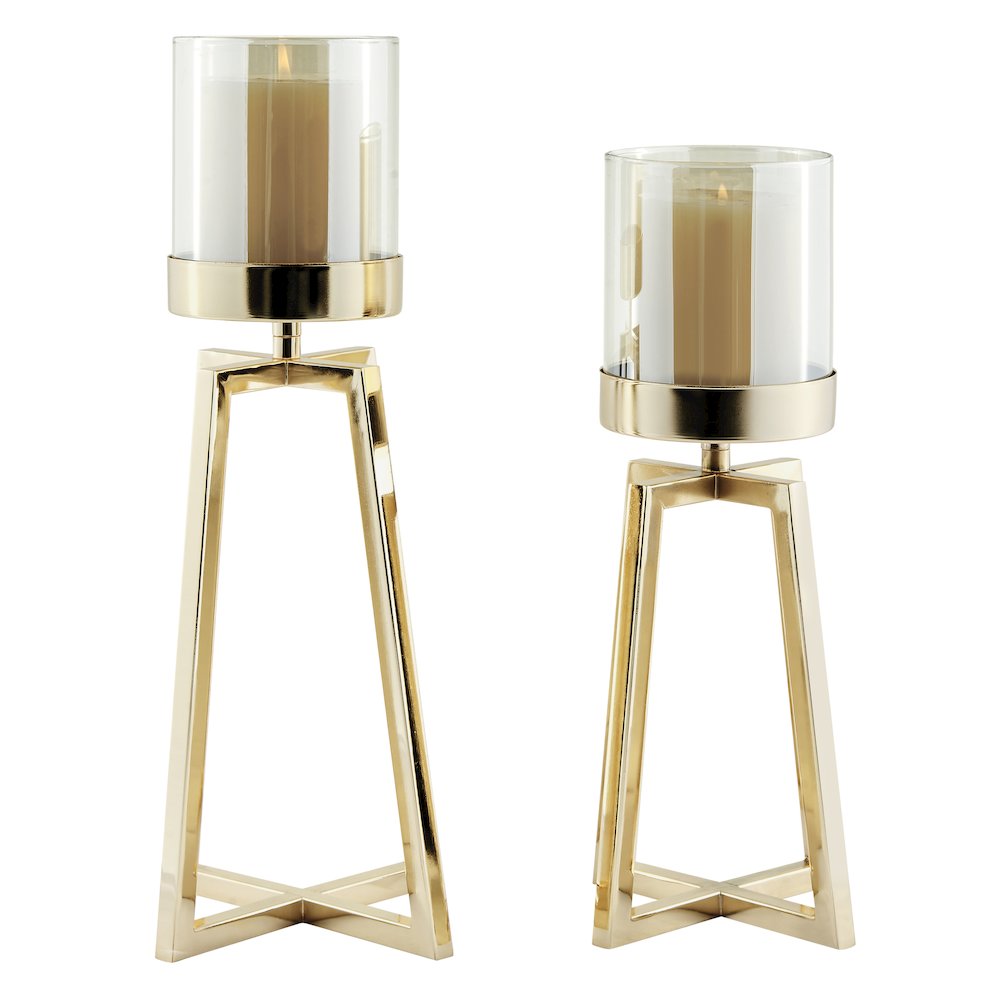 Maeve Tinted Glass Warm Gold Pedestal Hurricane Candle Holders - Set of 2. Picture 9