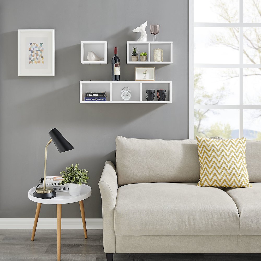 Bauhaus Floating Geometric Cubby Wall Shelves - Set of 3 Sizes - White. Picture 9