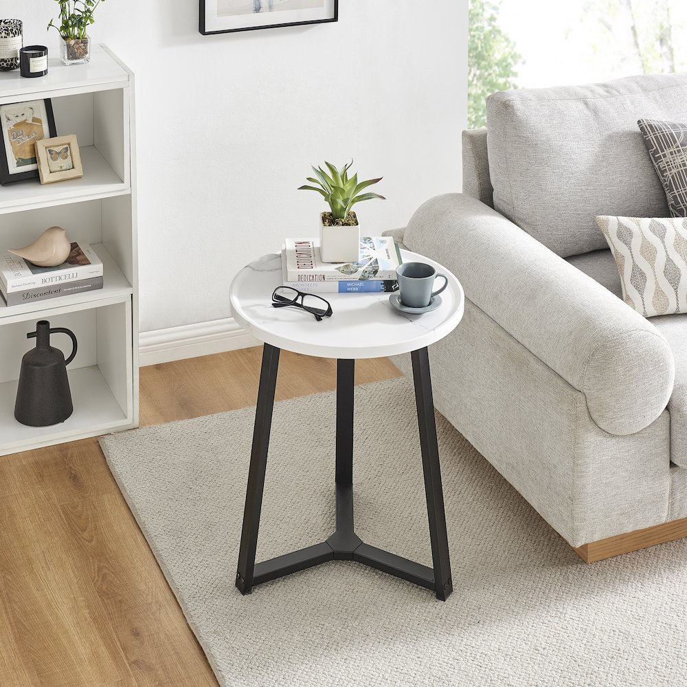 Harper Midcentury Round Raised Lip Edge Side Accent Table - White Marble/Black. Picture 5