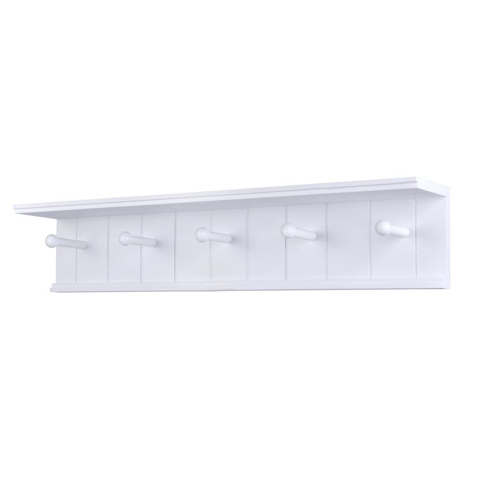 24" Wall Mount Coat Rack with 5 Hanger Hooks and Display Shelf - White. Picture 1