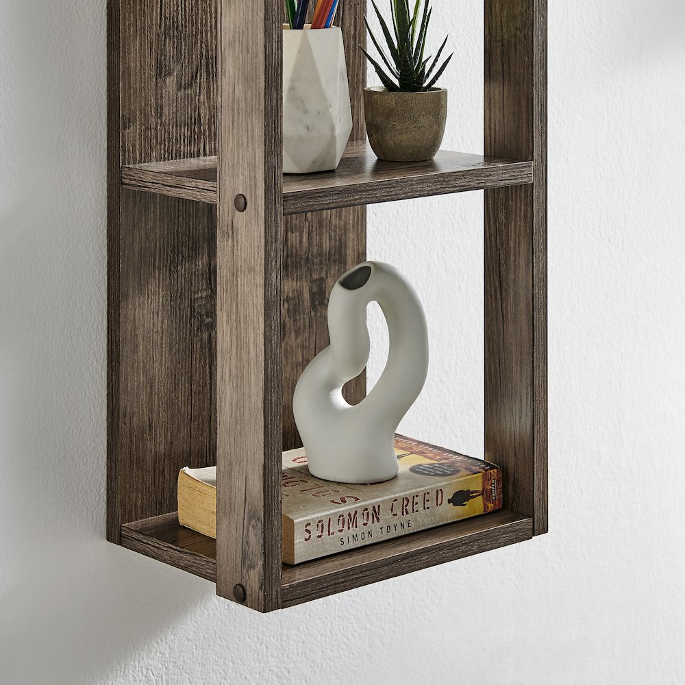 Recife Vertical Three-Tier Modern Shadow Box Cube Display Wall Shelf - Hickory. Picture 12
