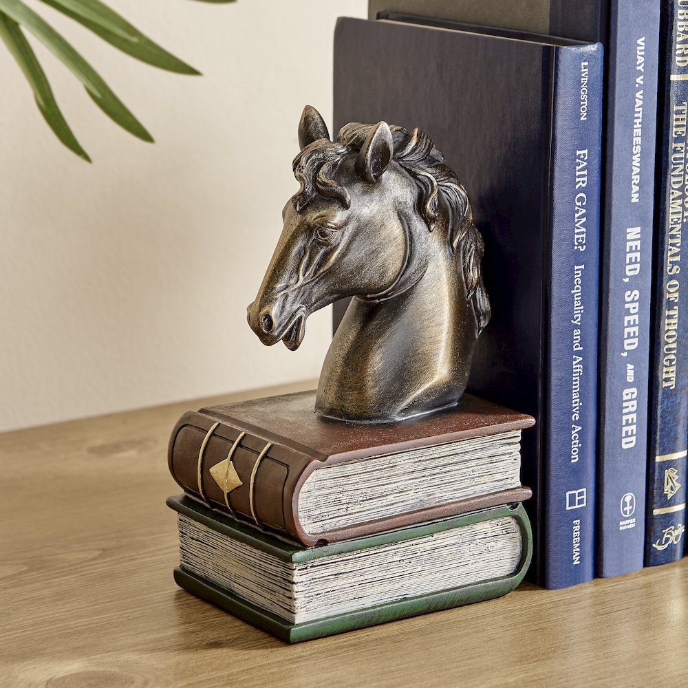 Horses on Books Polyresin Antique Patina Finish Bookend Set of 2. Picture 7