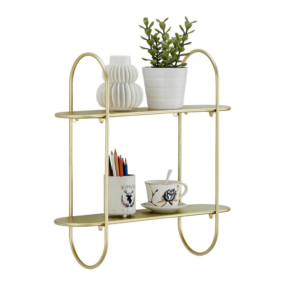 Two-Tier Warm Gold Metal Hanging Bracket Wall Mounted Shelf. Picture 9