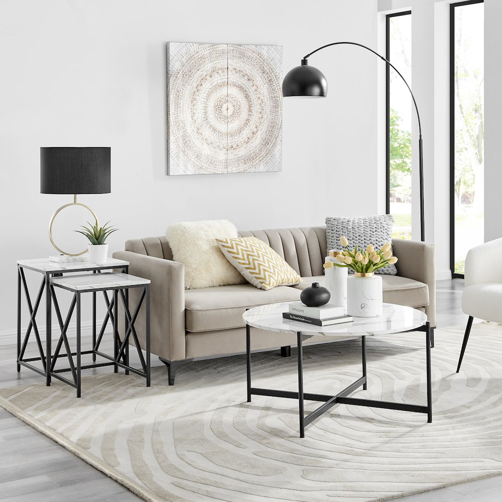 Modern Square Veneer Black Metal Frame Nesting End Tables White Marble Set of 2. Picture 6