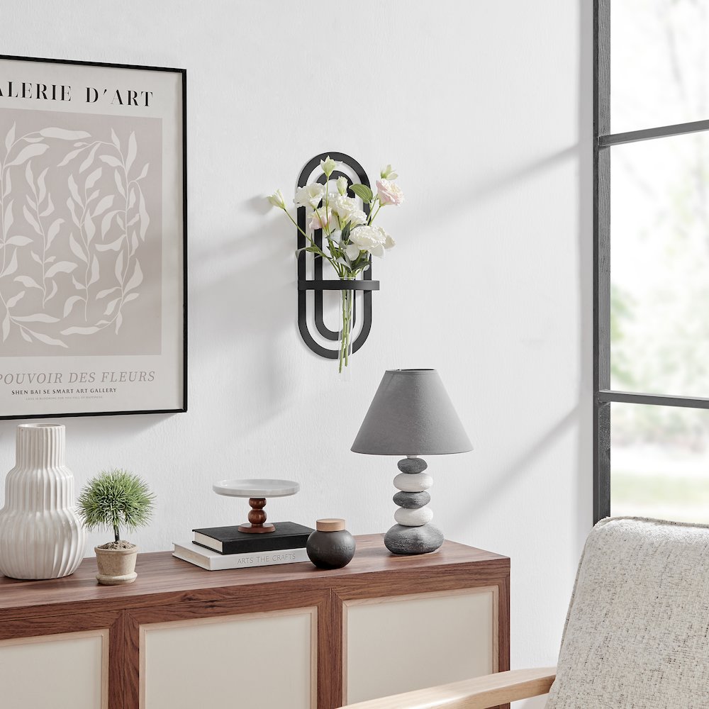 Jacob Modern Black Metal Double Oval Frame Clear Glass Wall Mounted Vase. Picture 6