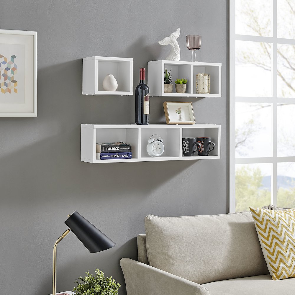 Bauhaus Floating Geometric Cubby Wall Shelves - Set of 3 Sizes - White. Picture 7