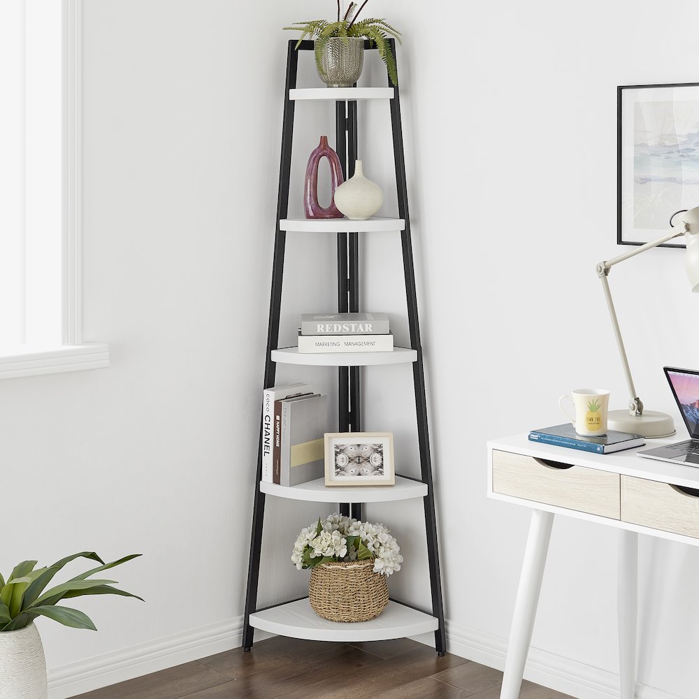 Free-Standing 5-Tier Pyramid Corner Shelf in Black Metal with White MDF Shelves. Picture 2