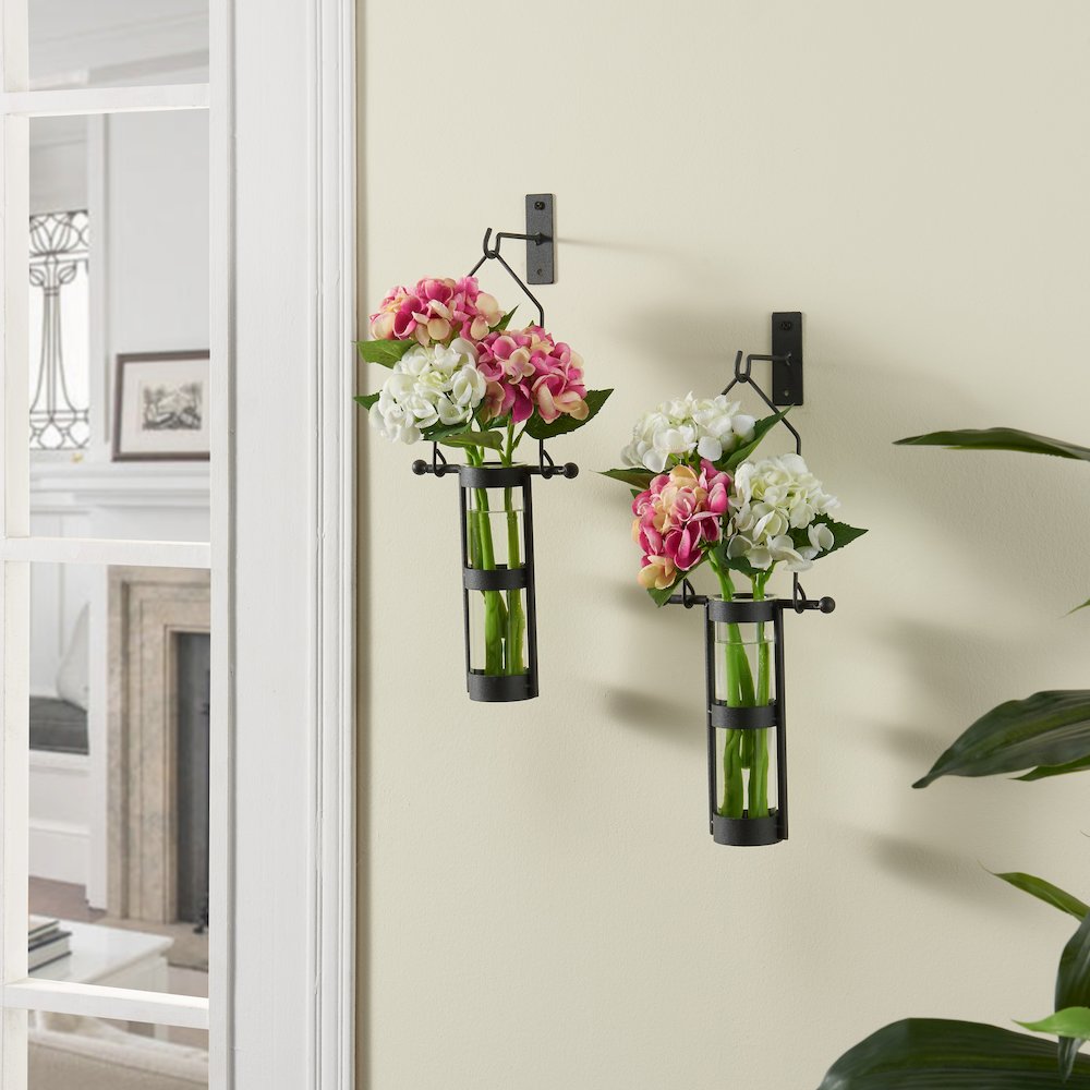 Wall Mount Hanging Glass Cylinder Vase Set with Metal Cradle and Hook. Picture 5