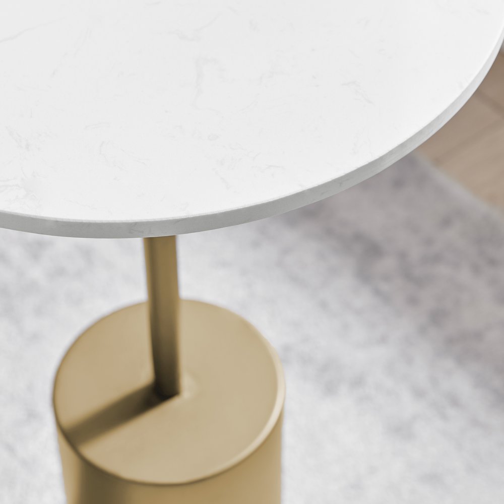Fritz Pedestal Side Accent Table with Gold Metal Base Genuine White Marble Stone. Picture 9