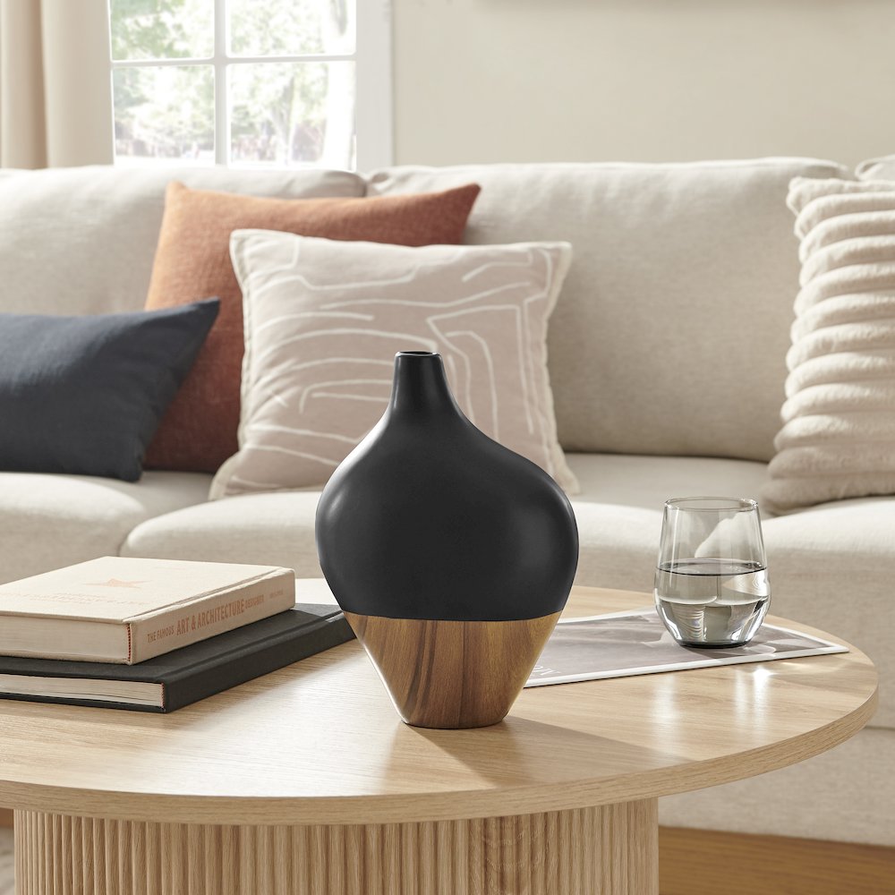 Milo Canteen Asymmetrical Modern Two Tone Tabletop Vase - Black and Walnut. Picture 2