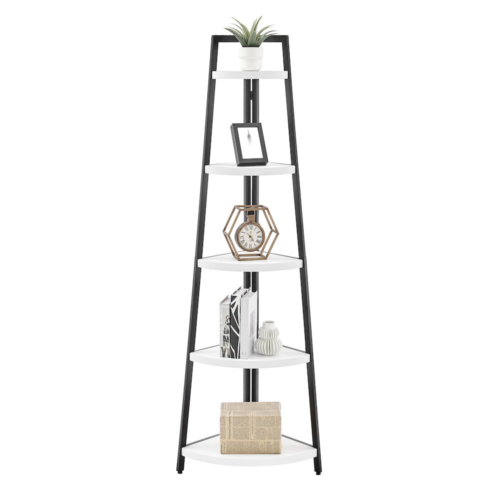 Free-Standing 5-Tier Pyramid Corner Shelf in Black Metal with White MDF Shelves. Picture 7