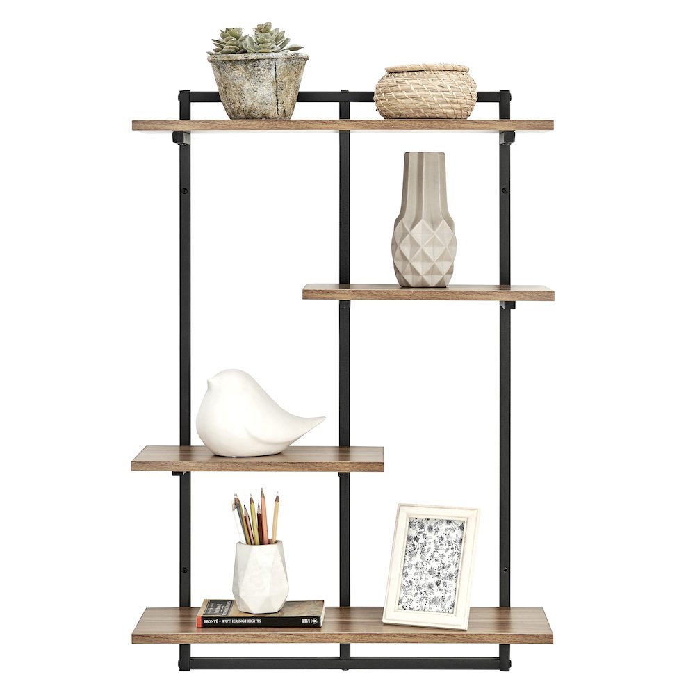 Rhodes 4 Tier Windowsill Wall Shelf Black Metal Frame Light Walnut MDF Shelves. Picture 6