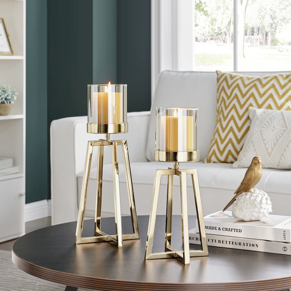 Maeve Tinted Glass Warm Gold Pedestal Hurricane Candle Holders - Set of 2. Picture 2