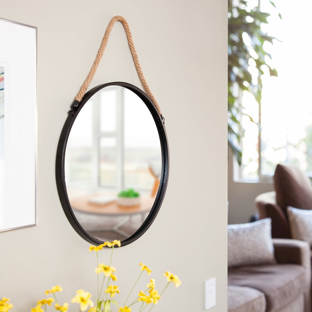 Framed 20" Decorative Round Black Metal Circle Wall Mirror with Hanging Rope. Picture 2