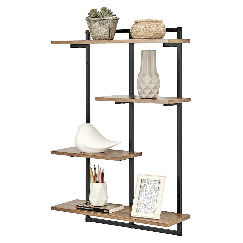 Rhodes 4 Tier Windowsill Wall Shelf Black Metal Frame Light Walnut MDF Shelves. Picture 7